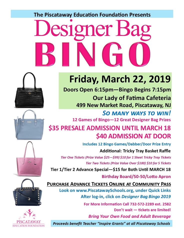 an advertisement for the designer bag bingo