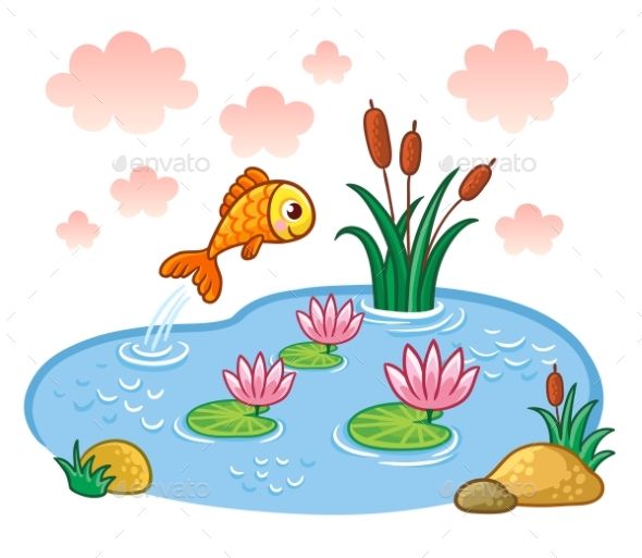 a goldfish jumping out of the water into lily pads