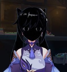 an anime character with long black hair wearing a purple dress and cat ears on her head