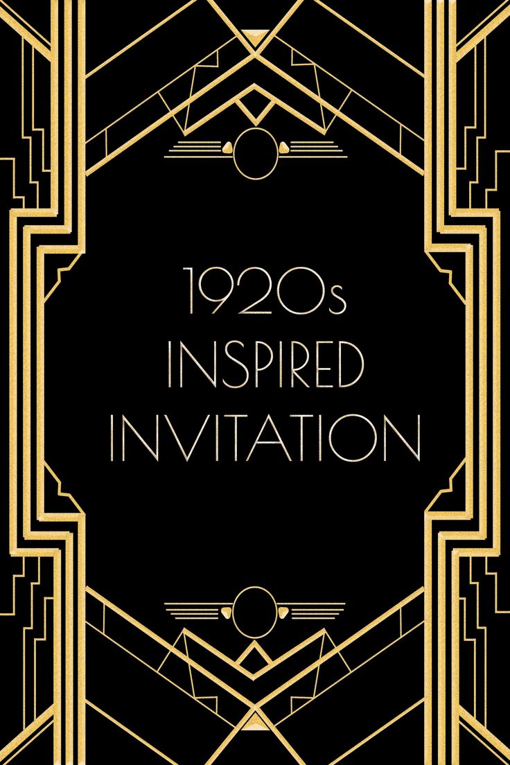 the 1920's inspired party poster is shown in black and gold, with an art deco