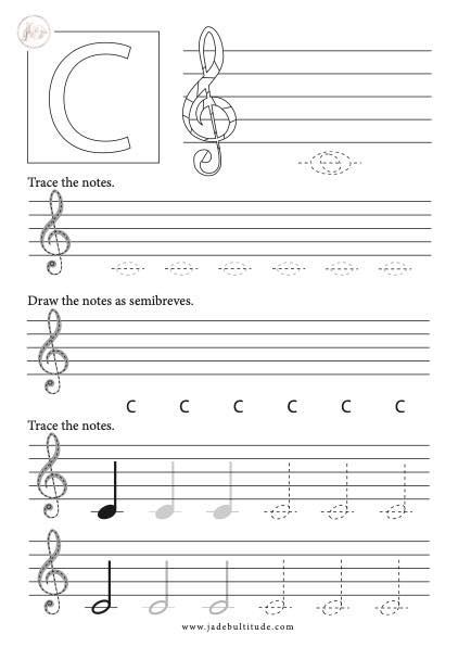 letter c worksheet with musical notes and music staff for kids to practice their handwriting