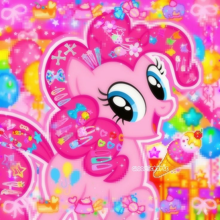 a pink pony with big eyes and stars on it's face is standing in front of a colorful background