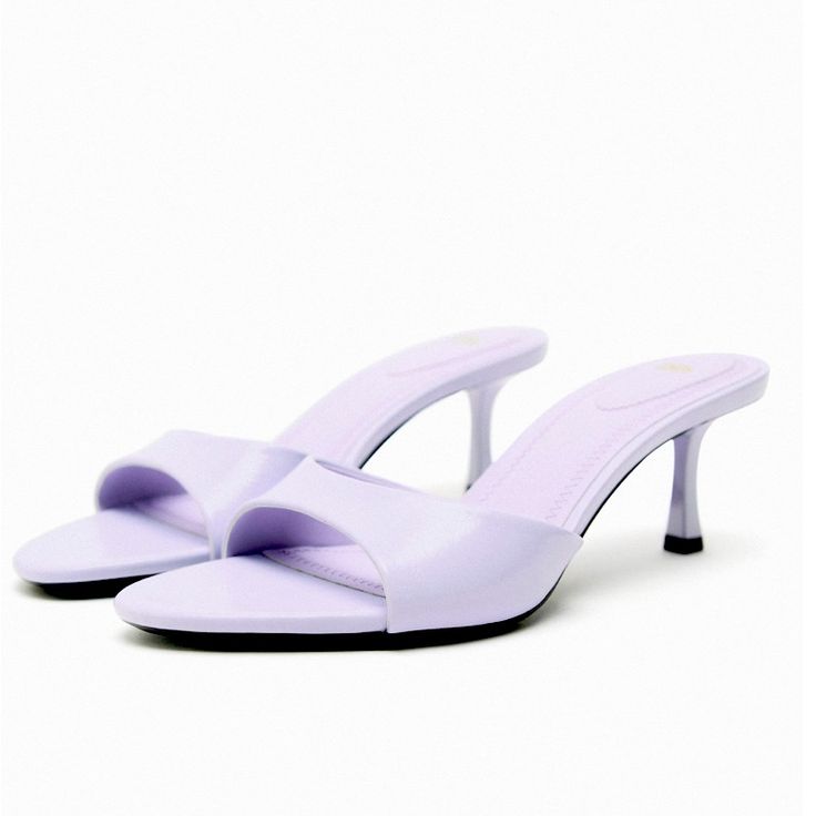 Heeled Sandals. Wide Front Strap. Pointed Toe. Heel Height: 2.5 Inches (6.3 Cm) Airfit. Flexible Technical Sole Made Of Latex Foam Designed To Offer Increased Comfort. Lilac Heels Aesthetic, Lavender High Heel Summer Heels, Purple Kitten Heels, Heels Lilac, Zara Purple Party Heels, Lavender Heels, Lilac Heels, Purple Sandals With 4-inch Heel And Pointed Toe, Lilac Shoes