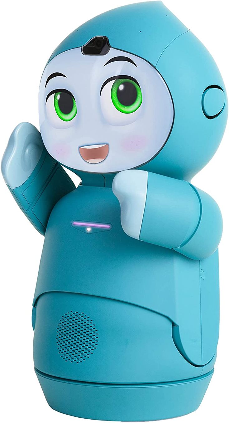 a blue robot with green eyes is holding something