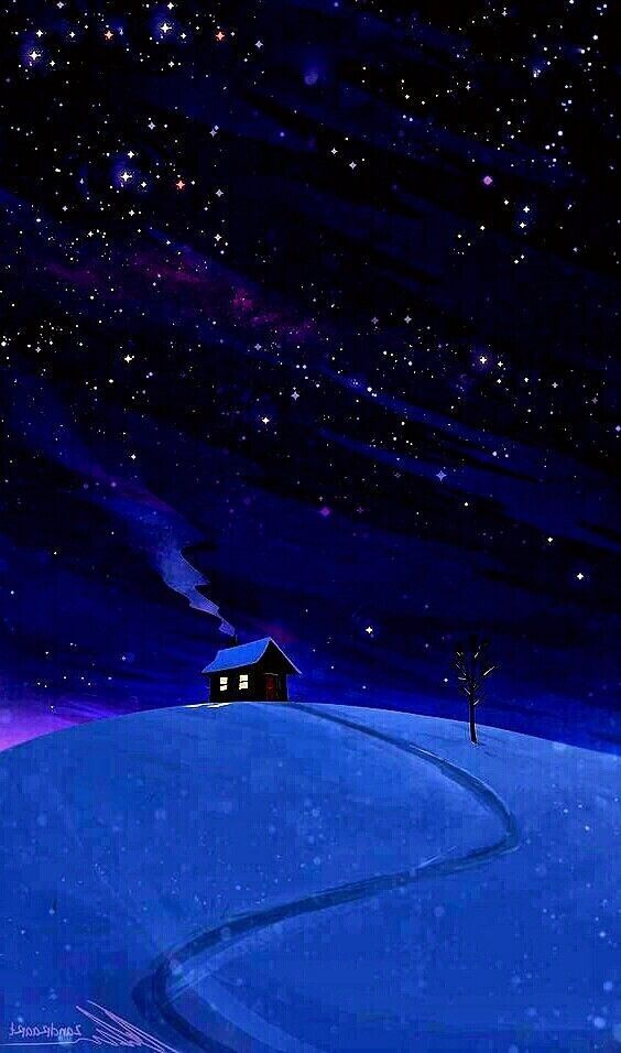 a painting of a house in the middle of a snowy field with stars above it