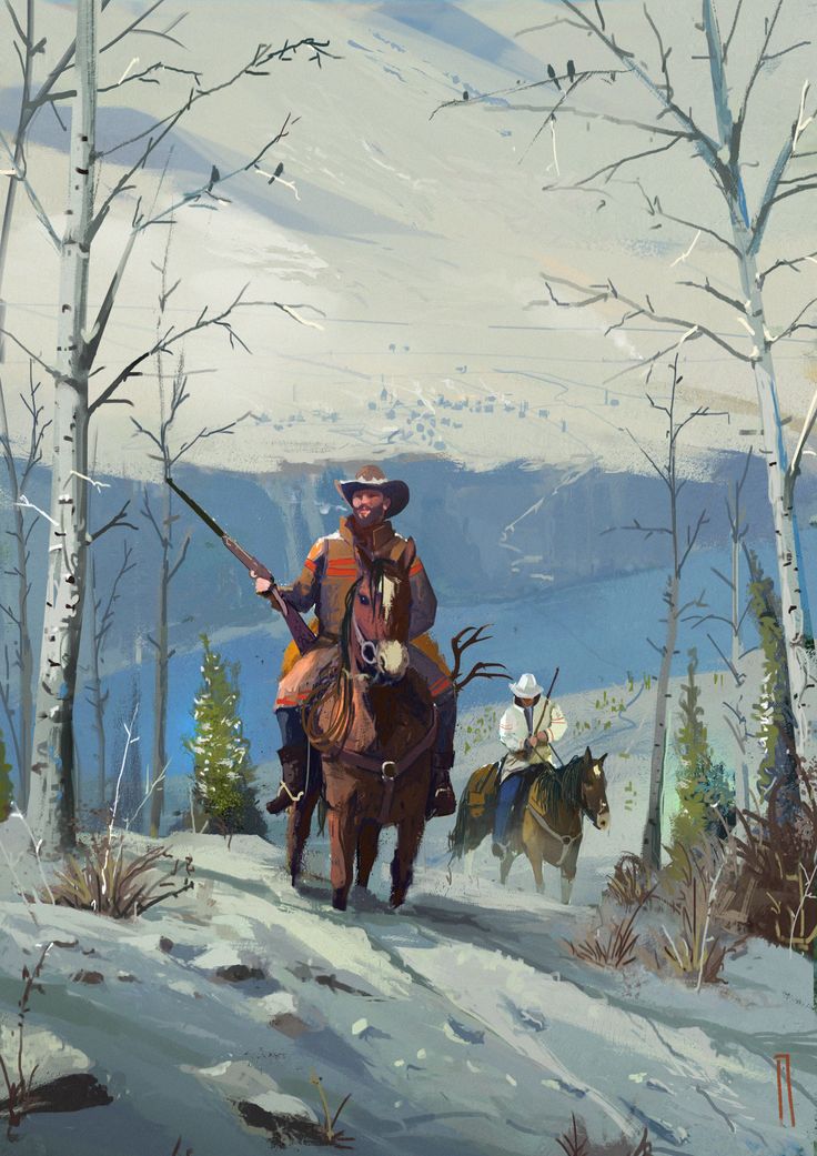 a painting of two men on horses in the snow with trees and mountains behind them