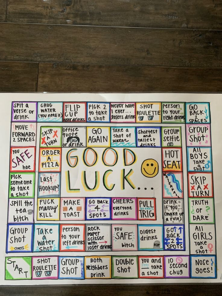 a board game with words written on it that says good luck and smiley faces in different colors