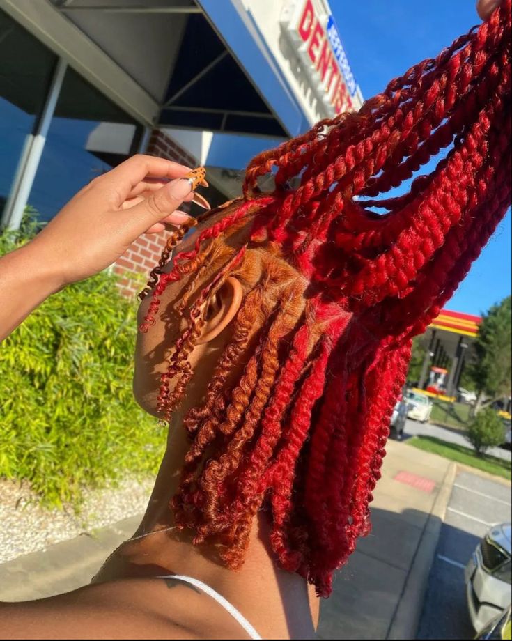 Red And Orange Locs Black Women, Blonde And Red Soft Locs, Colors To Dye Your Dreads, Orange And Pink Locs, Dyed Loc Ideas, Red And Ginger Locs, Two Color Locs, Red And Orange Locs, Red And Blonde Locs Black Women