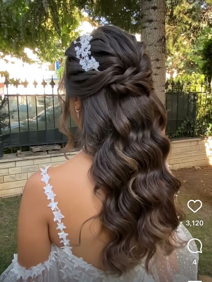 Wavy hair with braid half up Tiara With Braid, Wedding Hair With Tiara And Veil Half Up, Greek Bridal Hair, Hairstyles With A Crown Half Up, Hairstyles With Crown Tiaras Quinceanera, Half Up Half Down Wedding Hair Long Straight, Hair Styles For Debut, Prom Hair With Crown, Debut Hairstyles Debutante