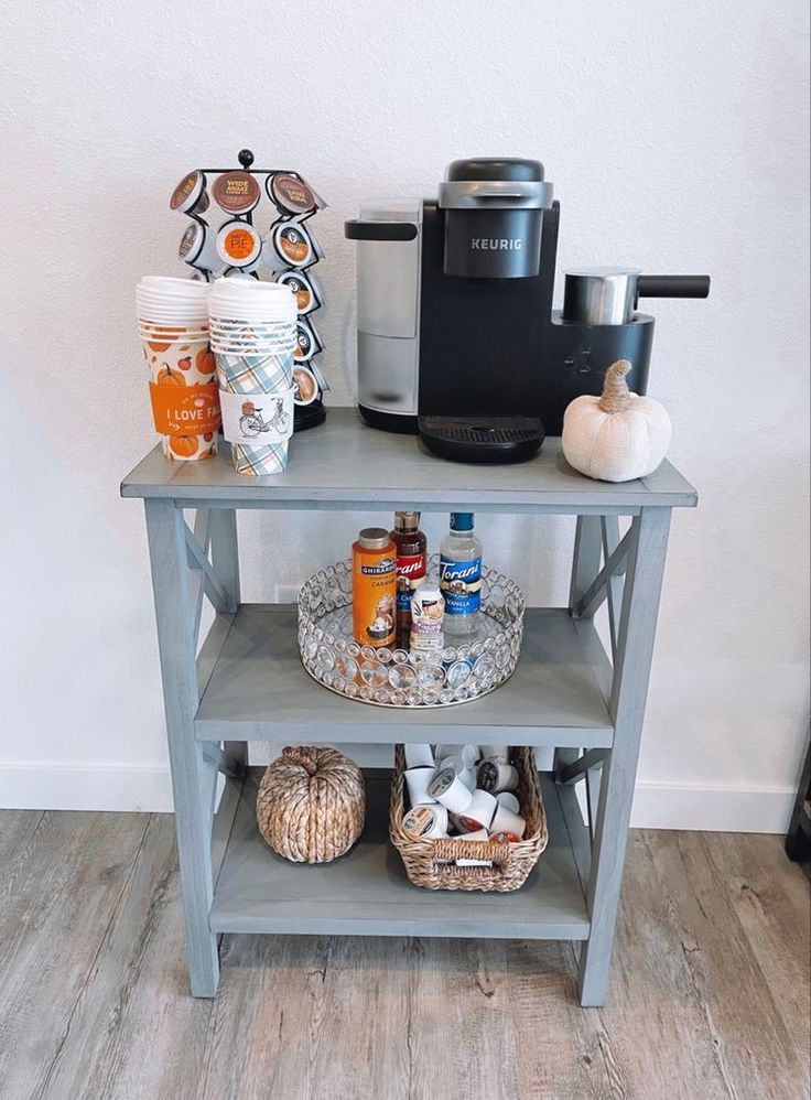 a shelf with some food and drinks on it