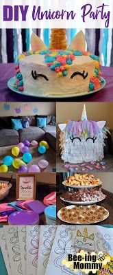 a collage of unicorn themed party food