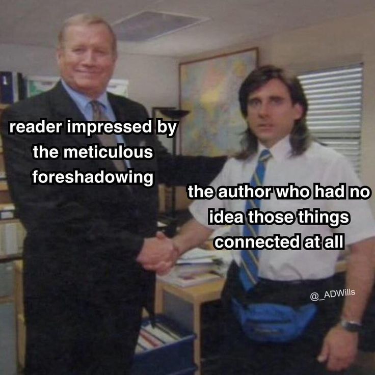 two men standing next to each other in front of bookshelves with text that reads, read impressed by the mysterious foreshadowing the author who had no idea those things connected at all