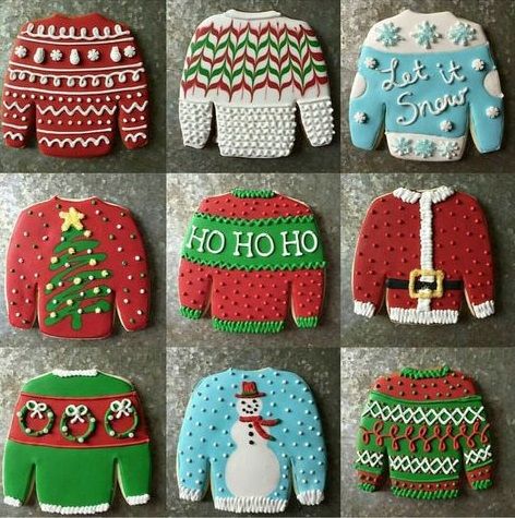 christmas sweaters and mittens decorated cookies are displayed on a table with text that reads,