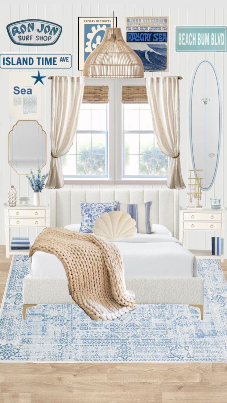 a bedroom with white furniture and blue accents on the walls, along with an ocean themed bed