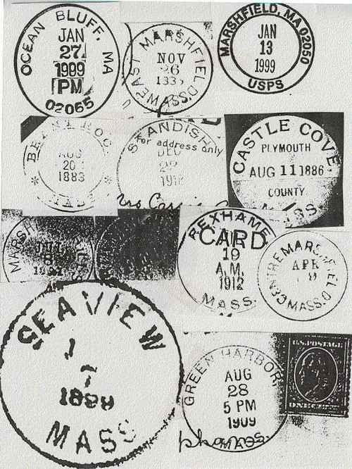 several different stamps are shown in black and white, including one with the word clavey on it