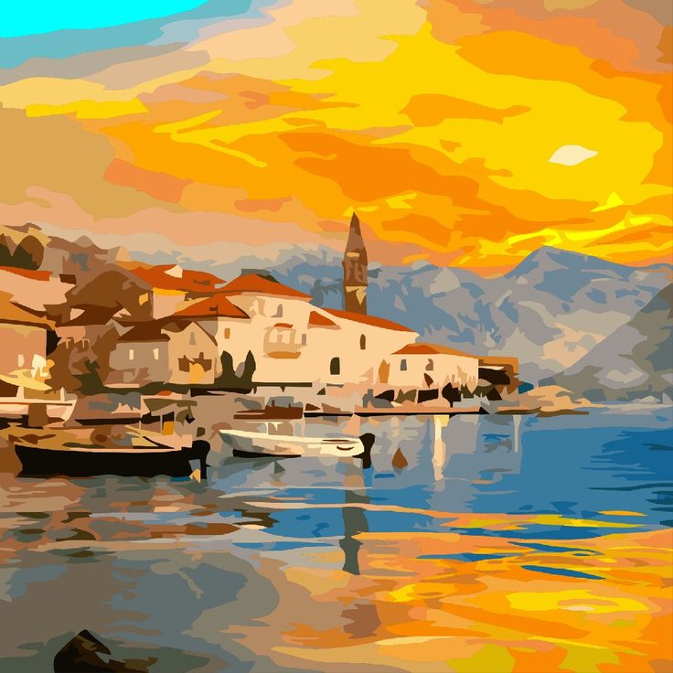 a painting of boats in the water with buildings and mountains in the background at sunset