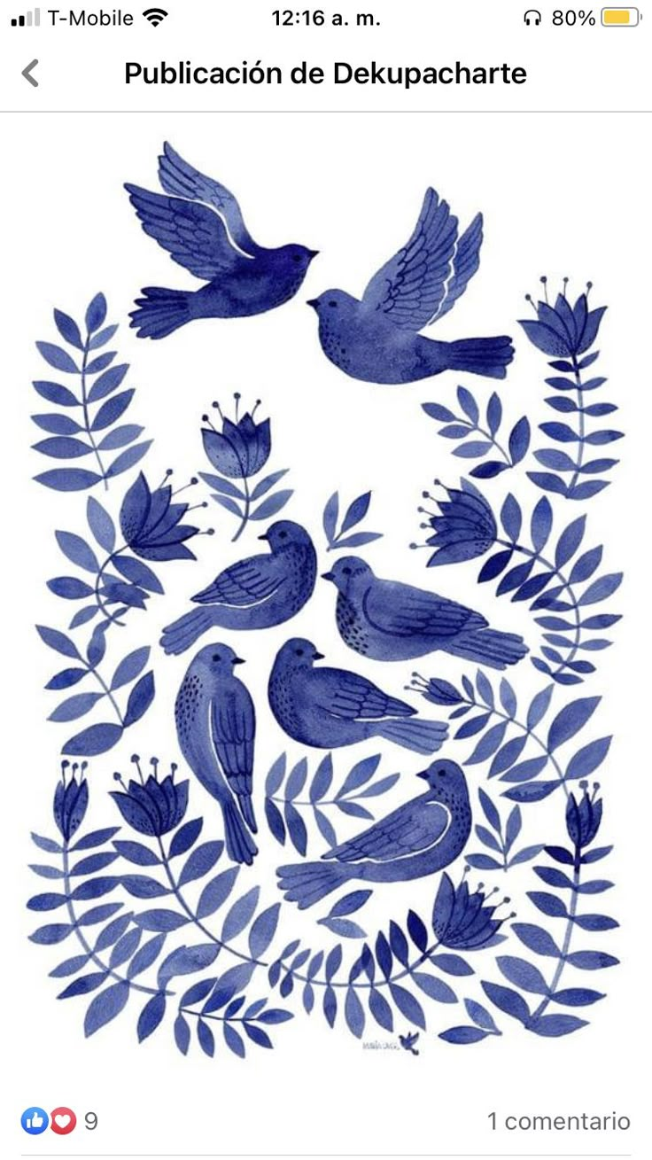 blue birds and leaves on a white background