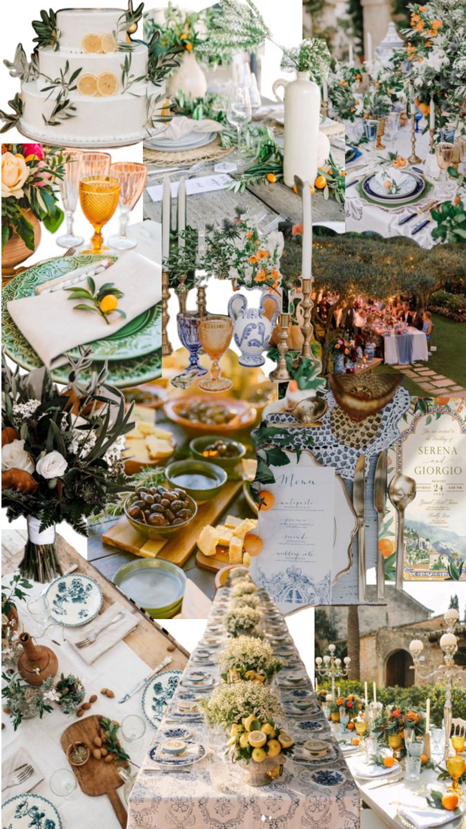 a collage of photos with different types of food and decorations on them, including cakes