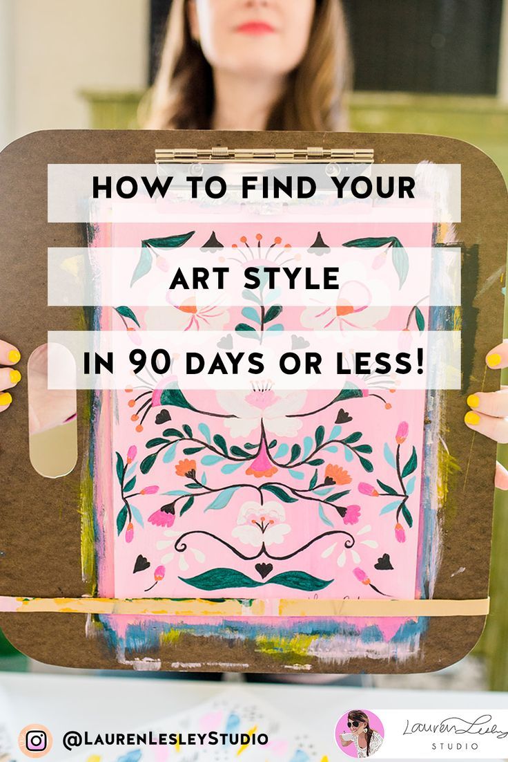 a woman holding up a piece of art with the words how to find your art style in 9 days or less