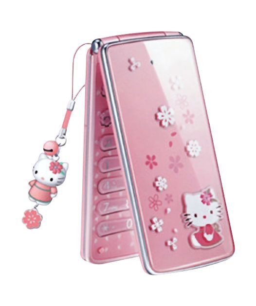 a pink hello kitty cell phone with a keychain attached to the back of it