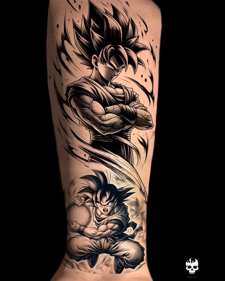 the back of a man's leg with an image of gohan and son gohan on it