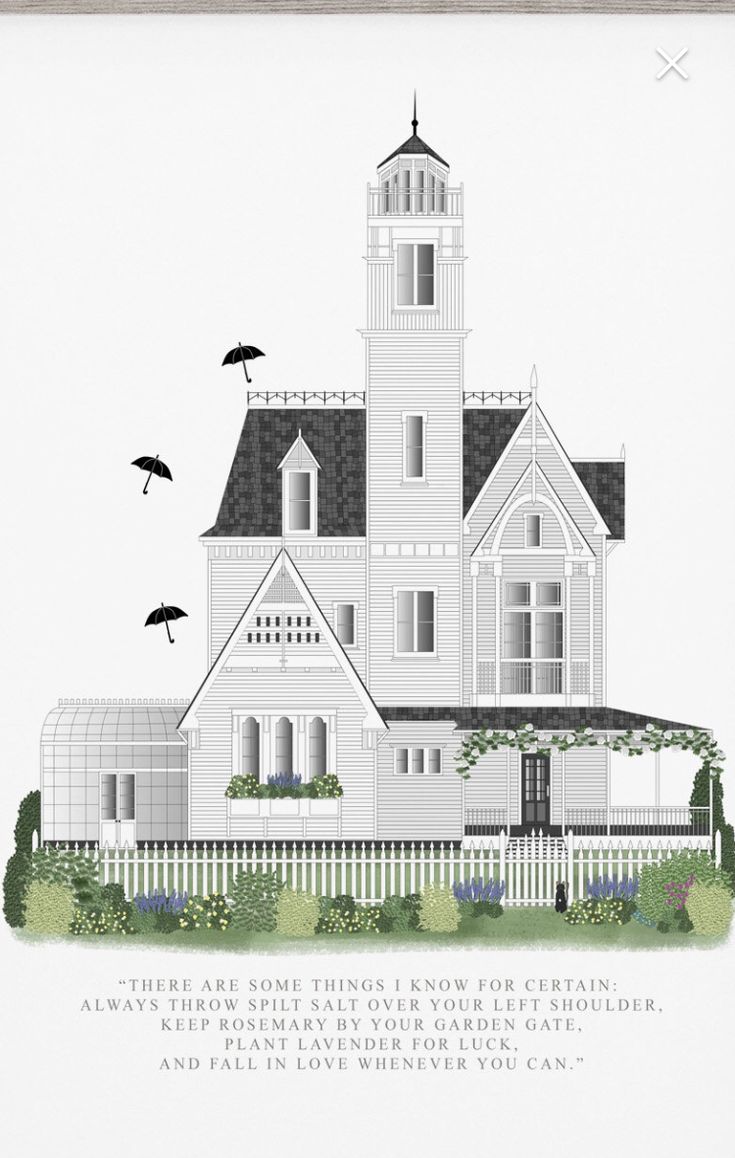 a drawing of a white house with an umbrella on the roof and two birds flying over it