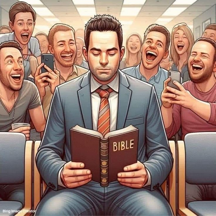 a man in a suit and tie reading a book while surrounded by other men with their mouths open