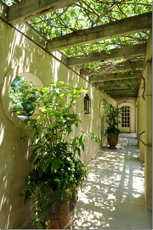 an outdoor area with potted plants and a mirror on the side of the wall