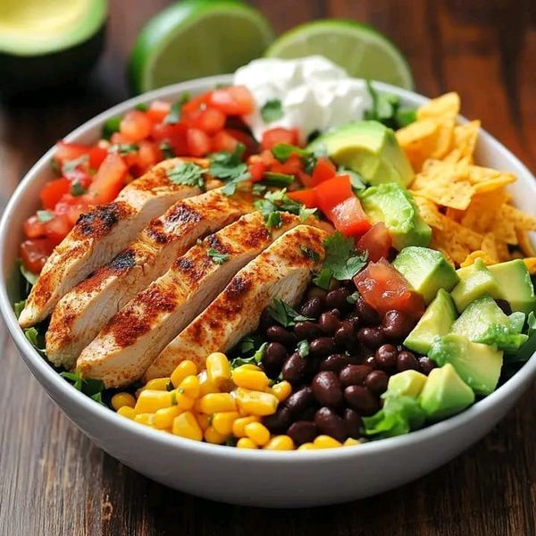 a salad with chicken, avocado, tomatoes, black beans and corn