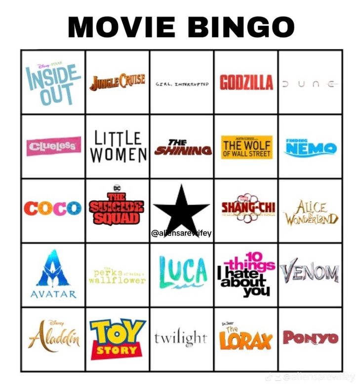 the movie bingo game is shown with various logos and words in black on white background