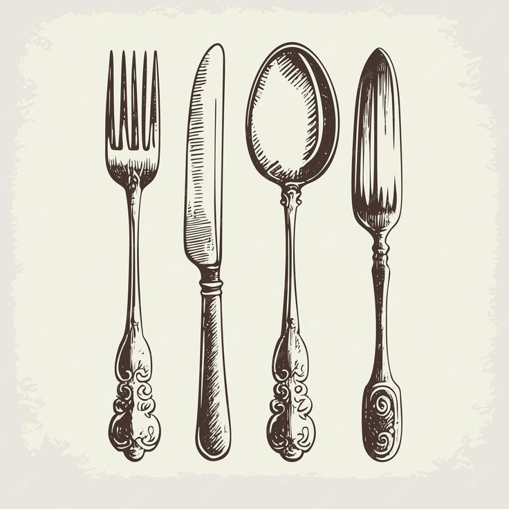 an image of vintage cutlery set with spoons and forks illustration in engraving style