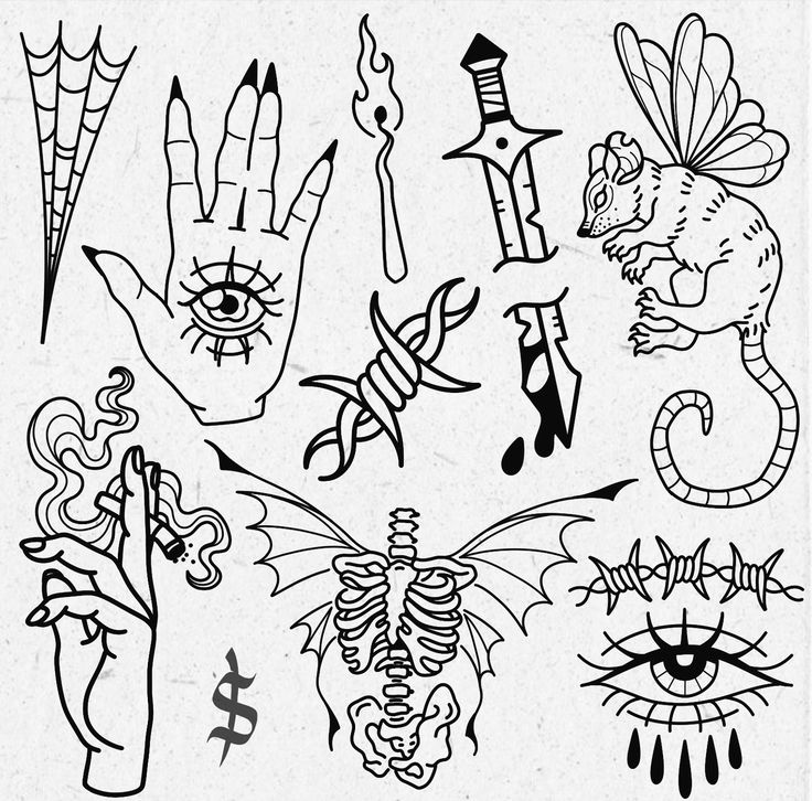 an assortment of hand and eye tattoos on white paper, with black ink in the middle