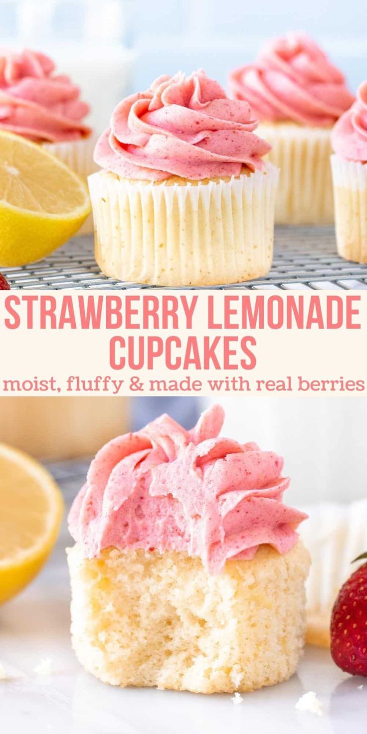 strawberry lemonade cupcakes with pink frosting and fresh strawberries on the side