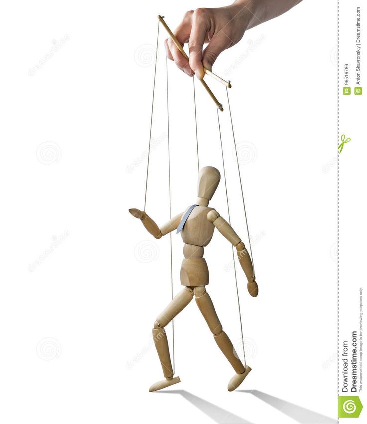 a wooden puppet being held by a hand with strings and an arrow on the string