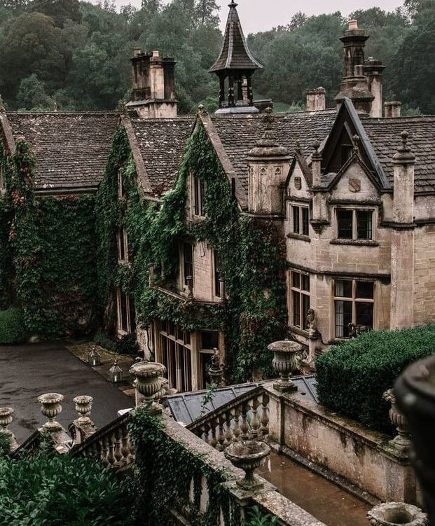 an old building with ivy growing on it's walls and roof, surrounded by greenery