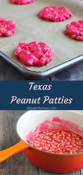 some cookies that are sitting in a pan on a table with the words texas peanut patties