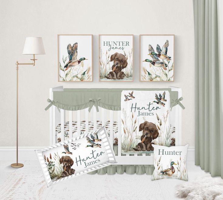 a baby crib bedding set with animals and birds on it, along with two pillow shampoos