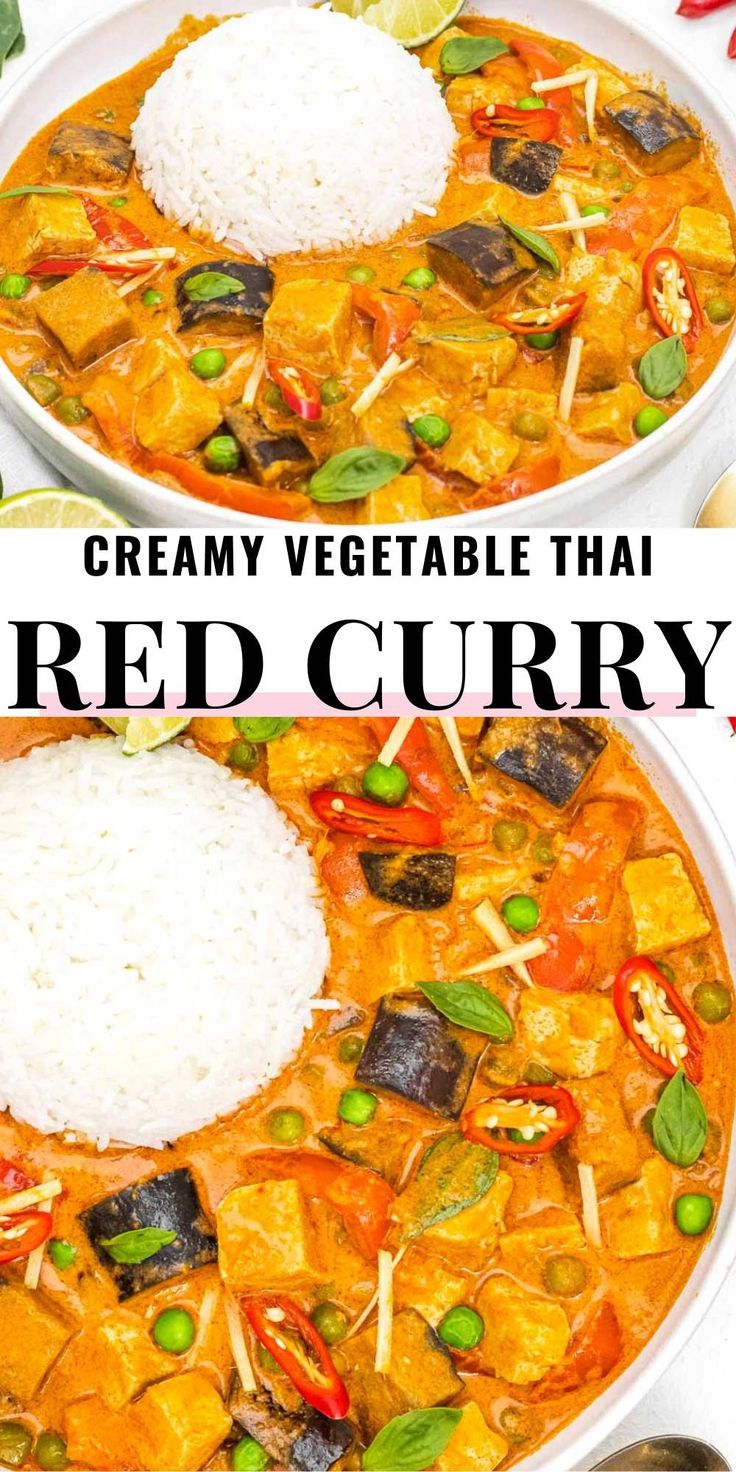 two bowls filled with rice and vegetables next to another bowl full of food that includes red curry