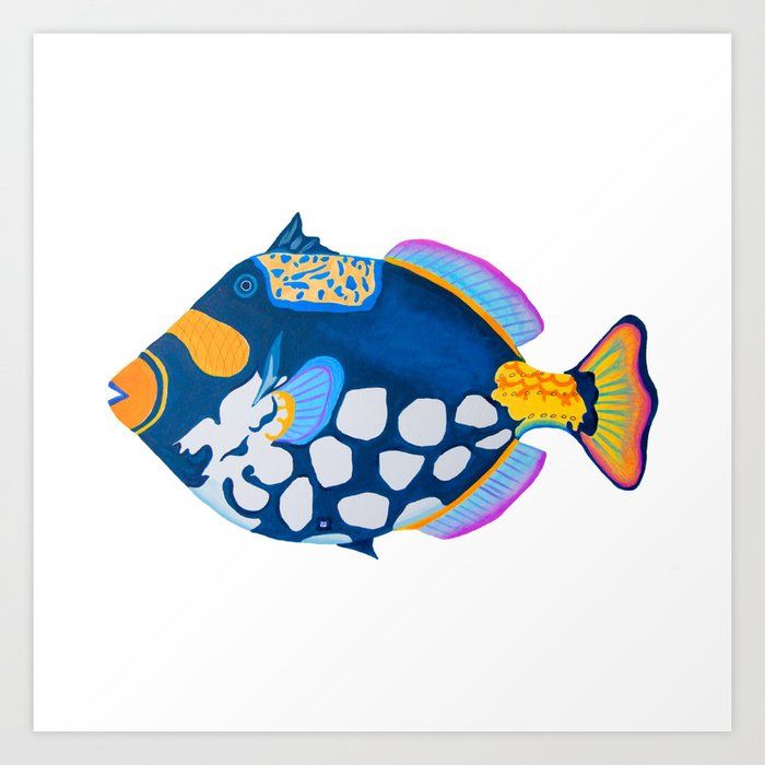 a blue and yellow fish with white dots on it's body, sitting in front of a white background