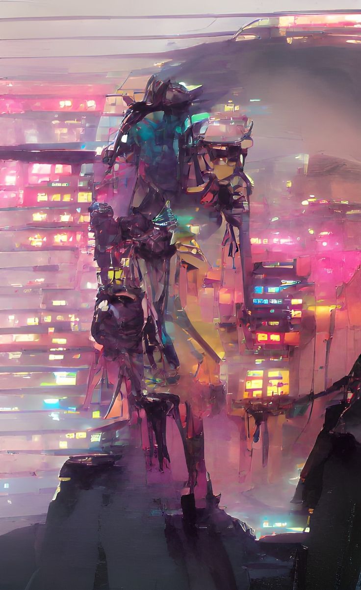 a futuristic man standing in front of a cityscape with neon lights on it