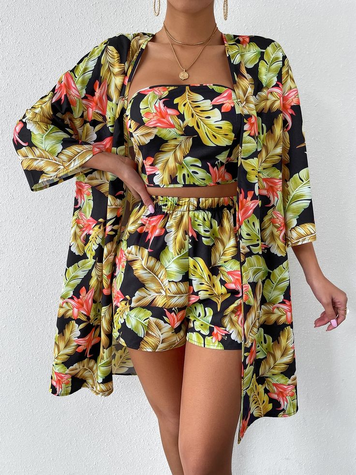 Multicolor Boho  Three Quarter Length Sleeve Polyester Tropical  Embellished Non-Stretch Summer Women Co-ords Ladies Beach Outfits, Kimono Two Piece Outfit, Beach Ware Outfits For Women, Beach Wears For Ladies, Beach Wear For Ladies, Beach Attire For Women, Beachwear Outfits, Focus Inspiration, Tropical Wear