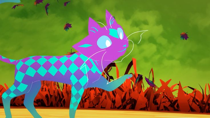 an animated cat standing in the middle of a field with grass and leaves behind it