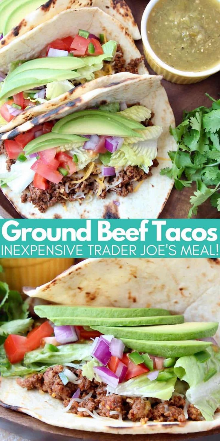 the ground beef tacos are loaded with meat, lettuce and tomatoes