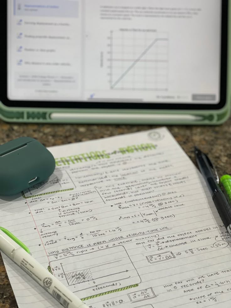 a notepad and pen sitting on top of a paper next to a computer monitor