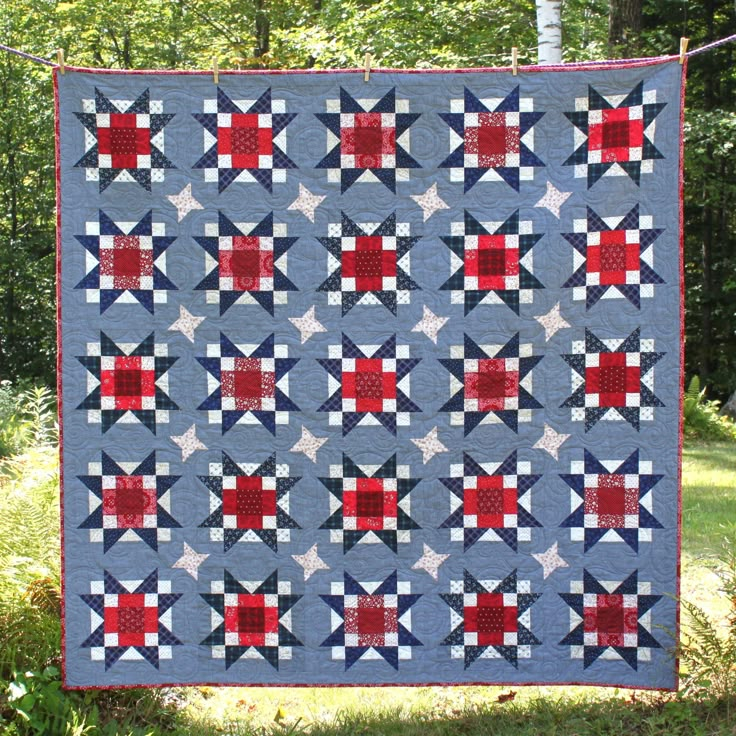 a blue and red quilt hanging from a clothes line in the grass with trees in the background