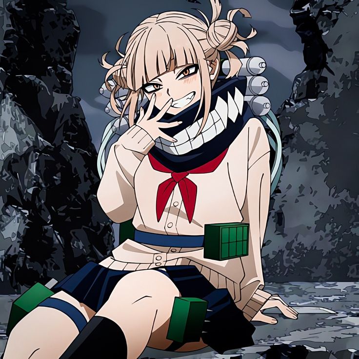 an anime character sitting on the ground with her hand to her mouth