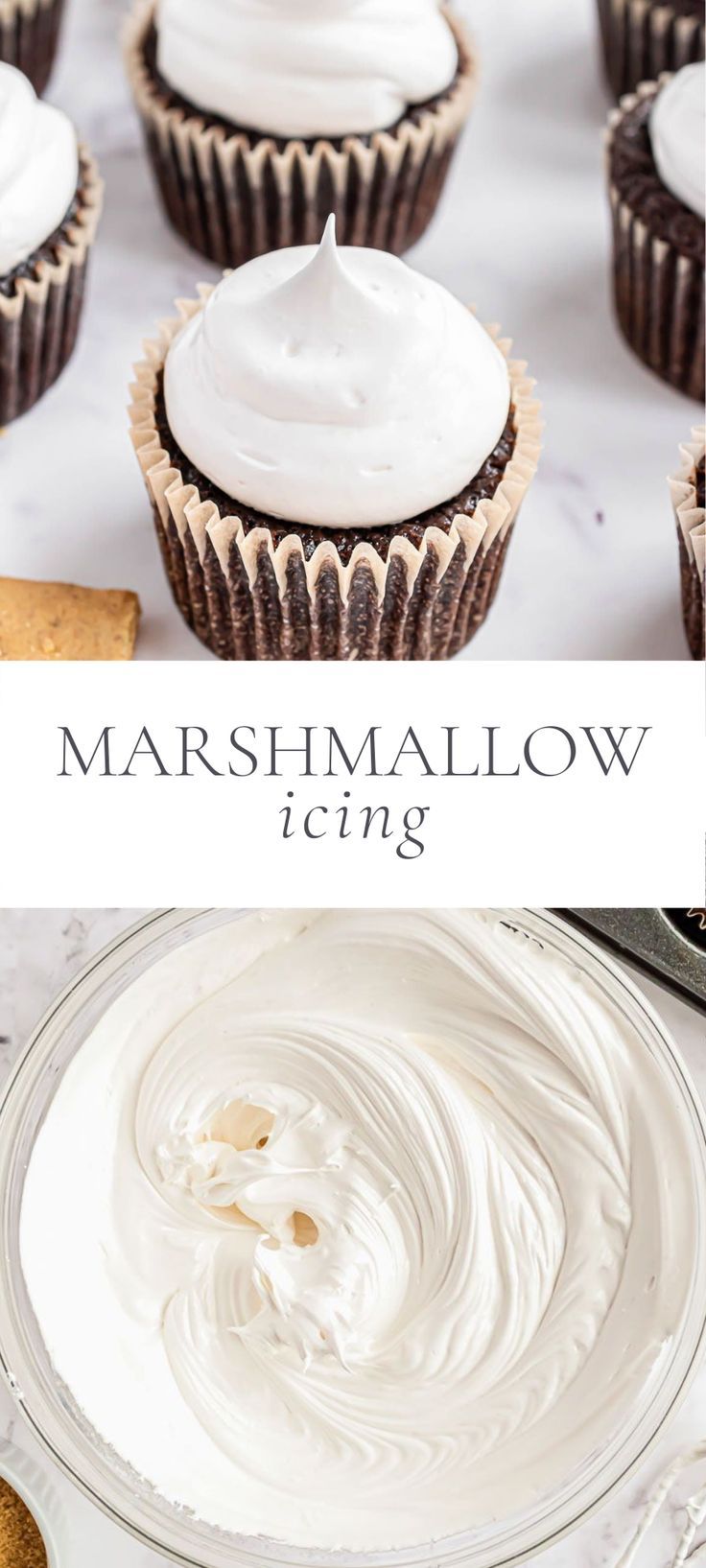 there are many cupcakes with white frosting on them and the words marshmallow icing