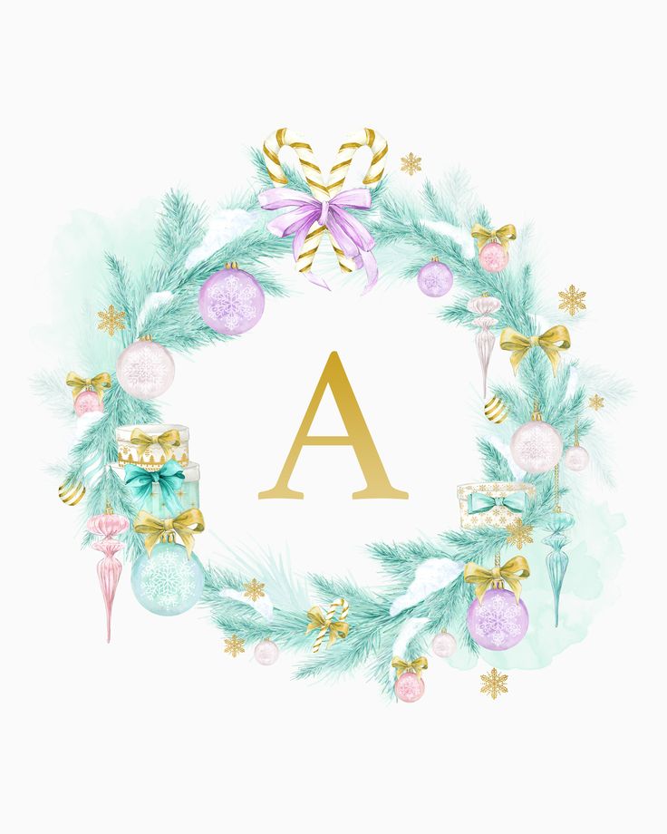 a christmas wreath with the letter a on it and ornaments around it in gold, green, pink and blue