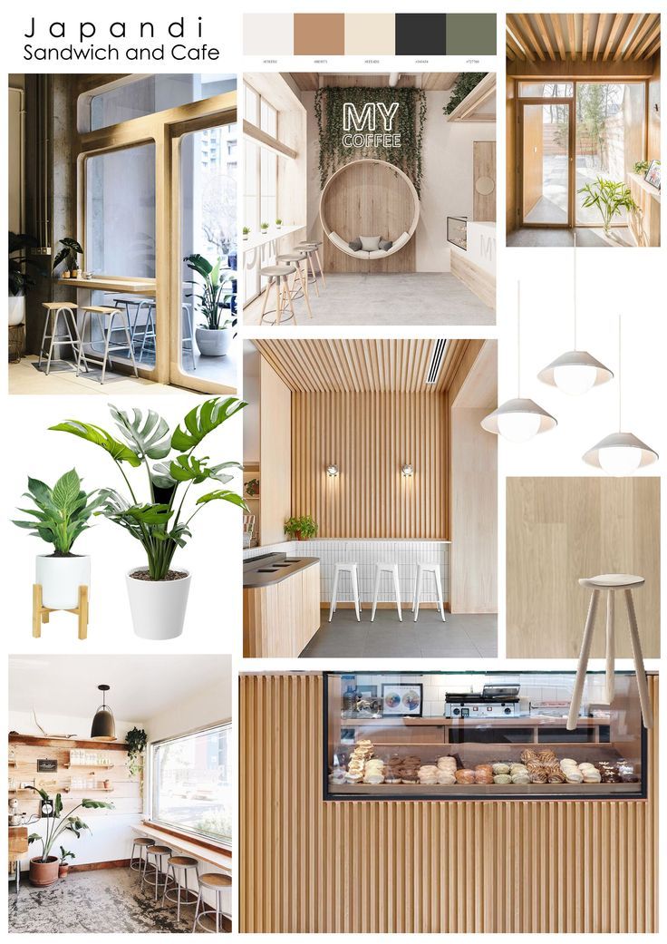 the interior of a japanese restaurant and cafe with wood paneling on the walls, chairs, tables, potted plants