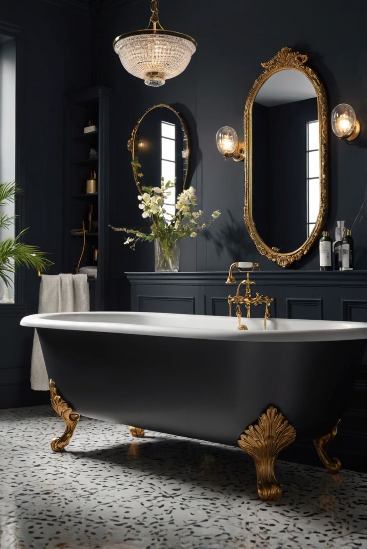 a bath tub sitting next to a large mirror in a dark colored bathroom with gold fixtures